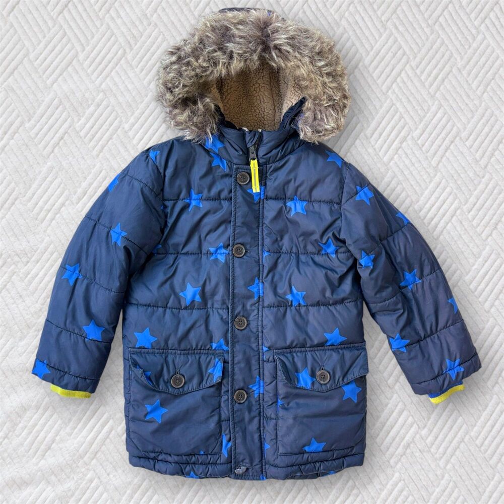 Mini Boden 4-5Y 110cm Navy Blue Star Puffer Parka Faux Fur Hood Winter Coat